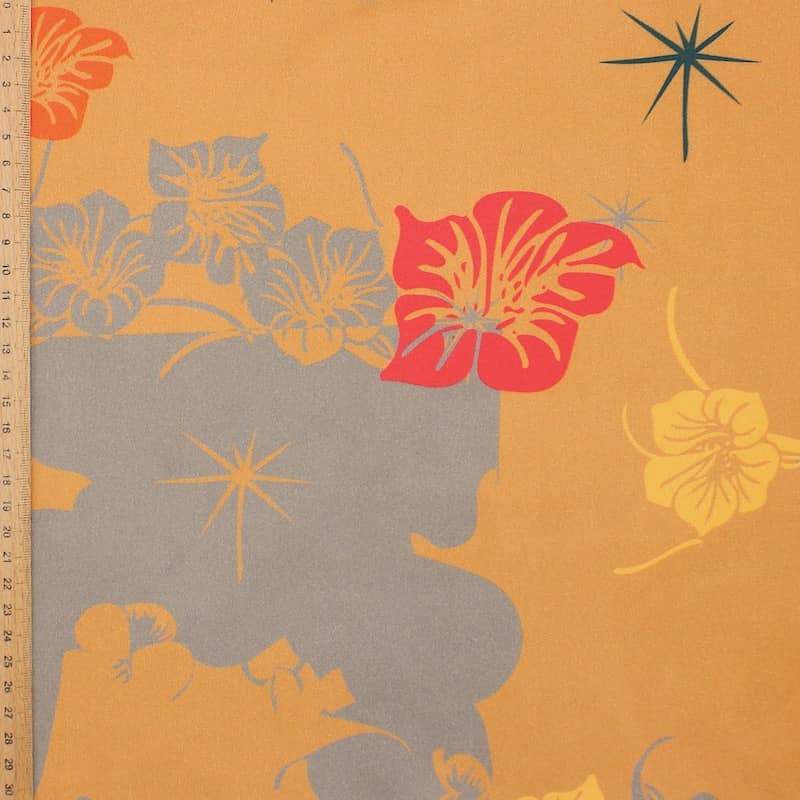 Cotton satin fabric with flowers - taupe / mustard yellow