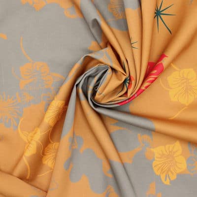 Tissu satin coton floral - taupe/moutarde