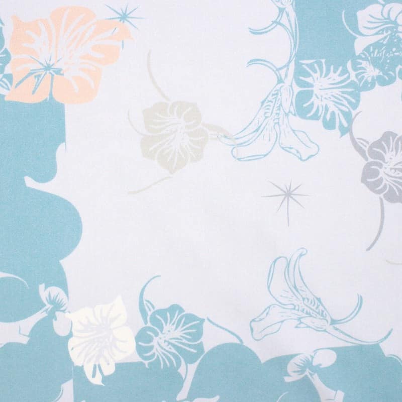 Cotton satin fabric with flowers - linen grey / blue