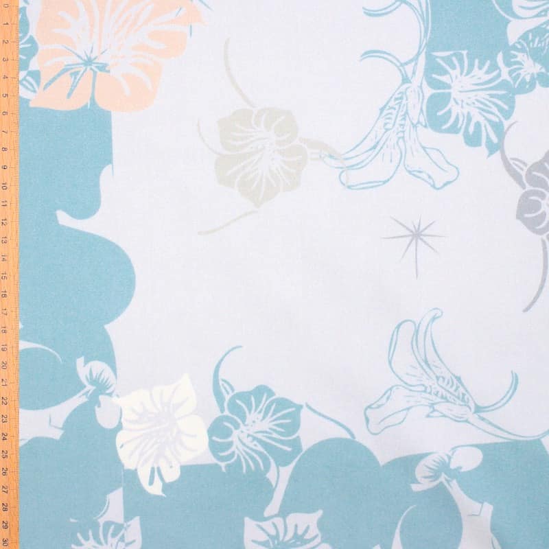 Tissu satin coton floral - gris de lin/bleu