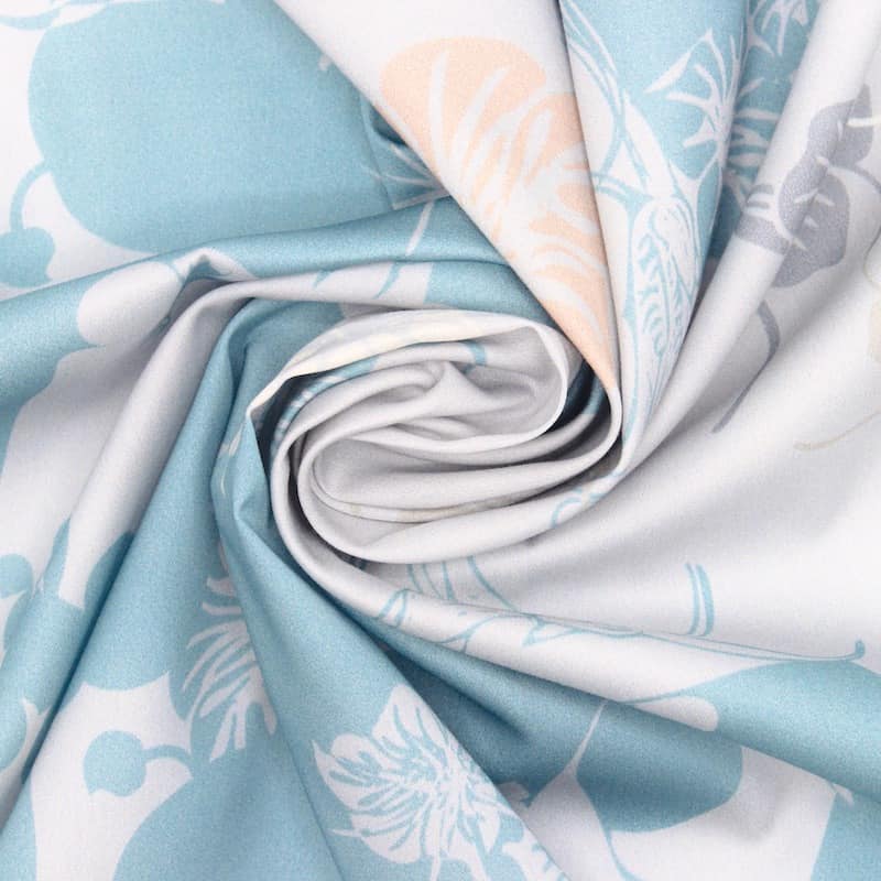 Cotton satin fabric with flowers - linen grey / blue