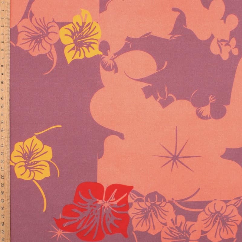 Cotton satin fabric with flowers - pink / salmon