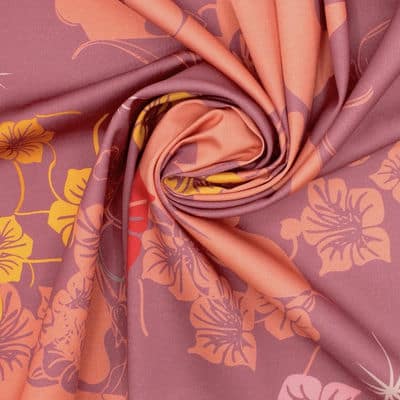 Cotton satin fabric with flowers - pink / salmon