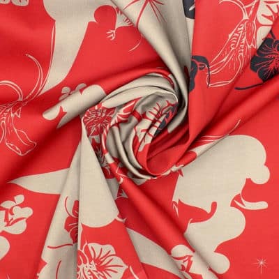 Tissu satin coton floral - taupe/rouge