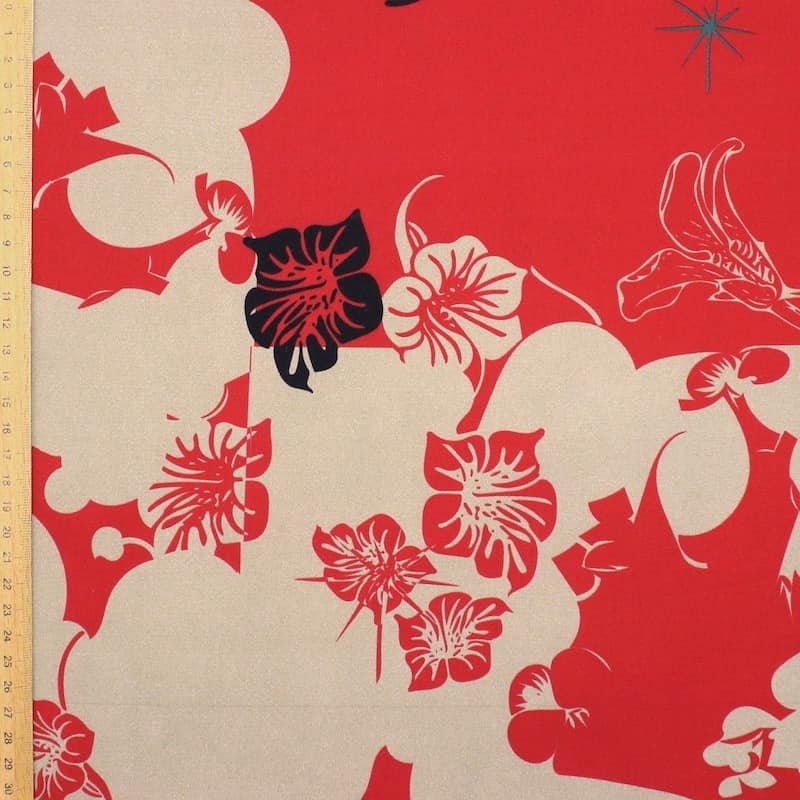 Tissu satin coton floral - taupe/rouge