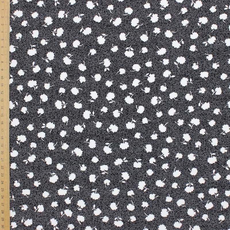 Tissu polyester fleurs- noir