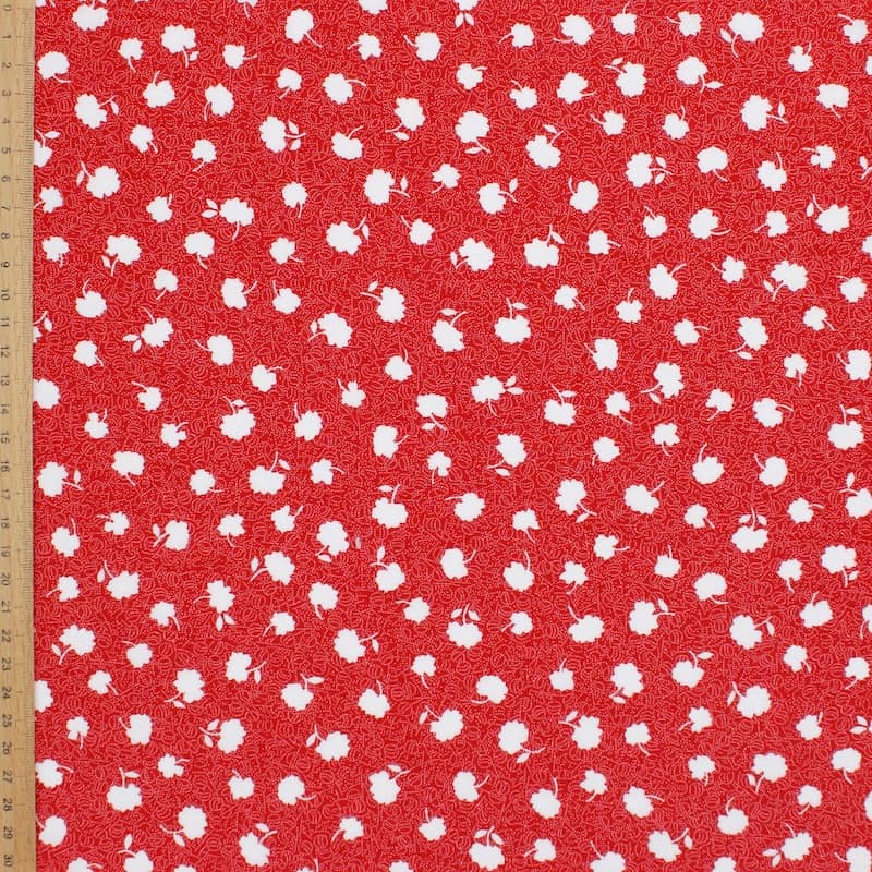 Tissu polyester fleurs- rouge