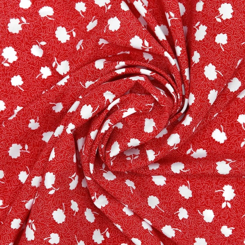 Tissu polyester fleurs- rouge