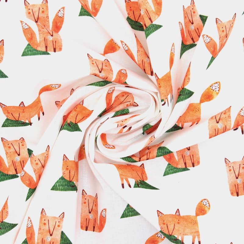 Cotton with foxes - white / orange