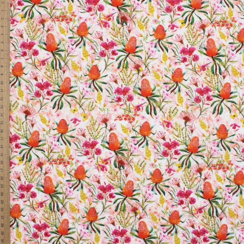 Tissu coton fleurs- rose