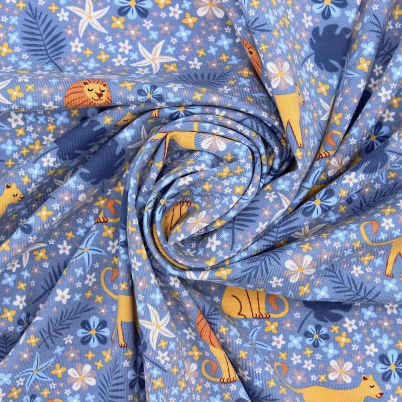 Jersey fabric with lions - blue