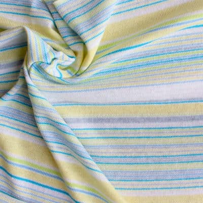 Tissu en maille légère à lignes bleu, jaune, vert et blanc