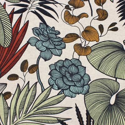 Fabric in cotton and polyester with foliage - multicolor