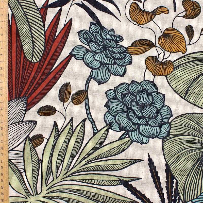 Stof in katoen en polyester met planten - kleurrijk 