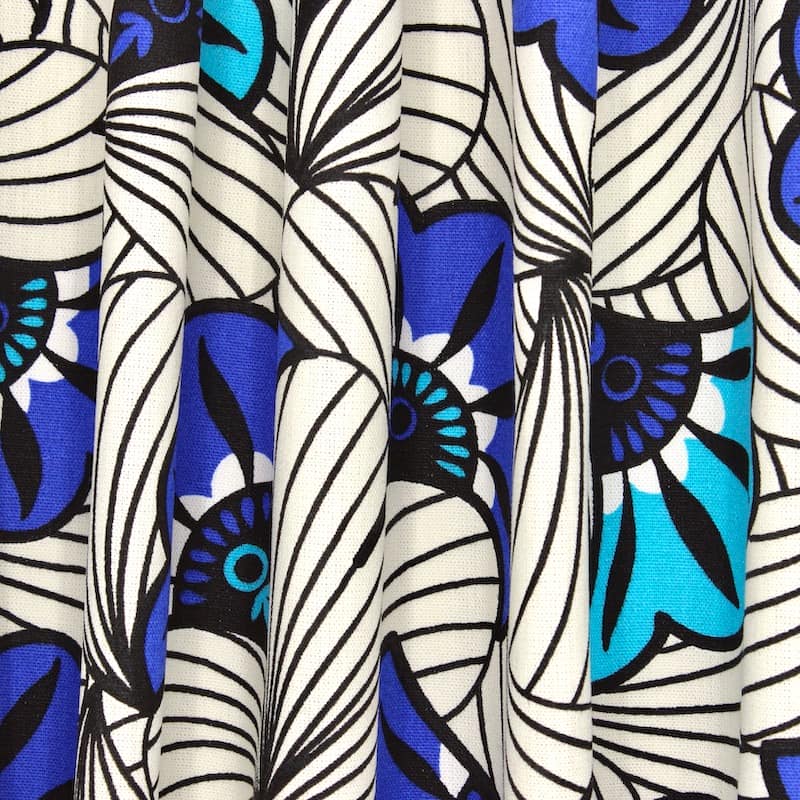 Cotton fabric with flowers - ecru / blue