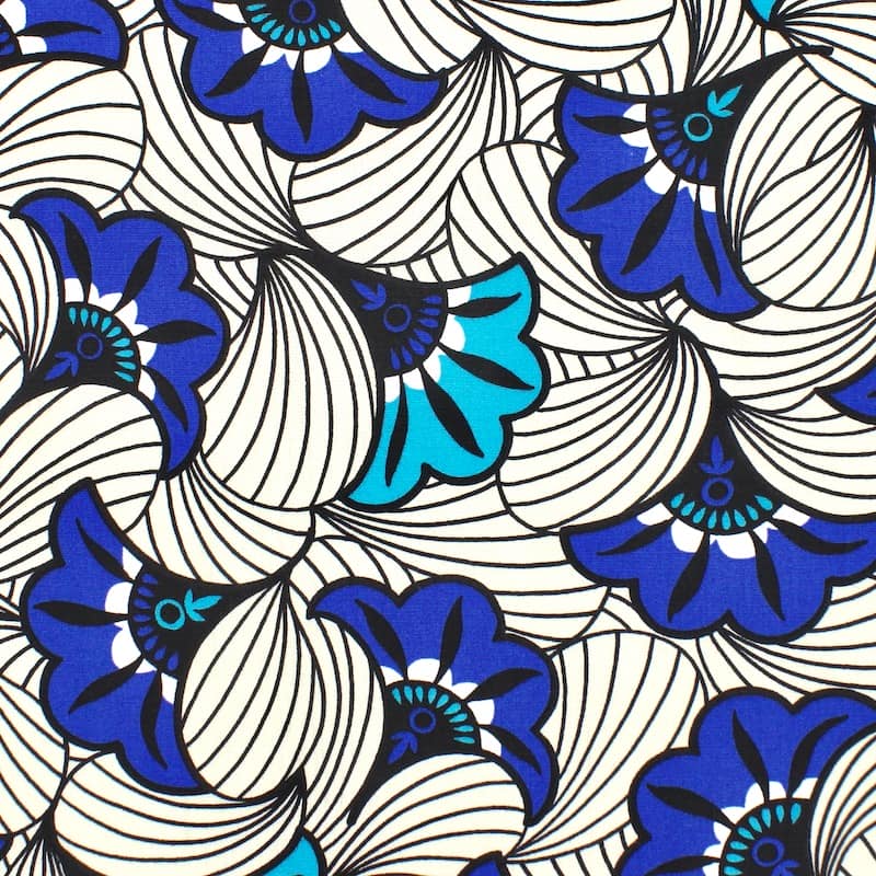 Tissu coton floral - écru/bleu