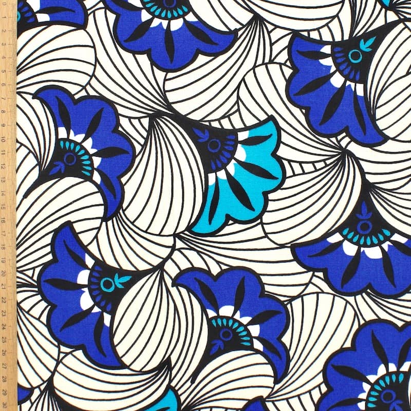 Tissu coton floral - écru/bleu