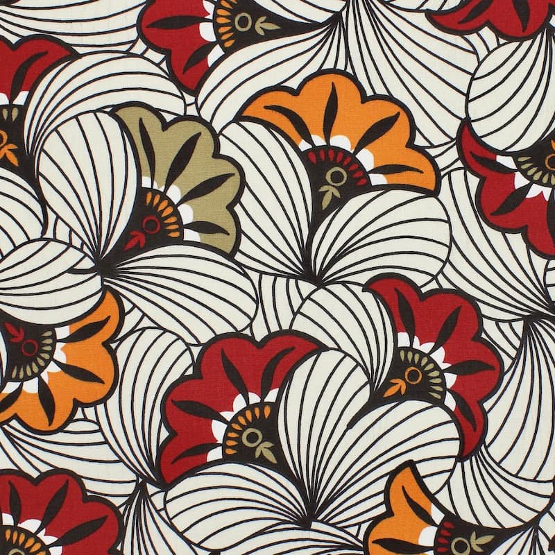 Cotton fabric with flowers - ecru / burgondy 