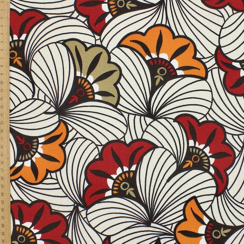 Tissu coton floral - écru bordeaux