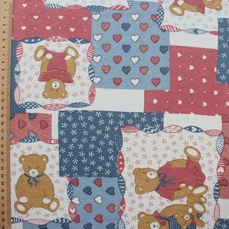 Jersey cotton and polyester fabric with Beige teddybears on blue, red and white background
