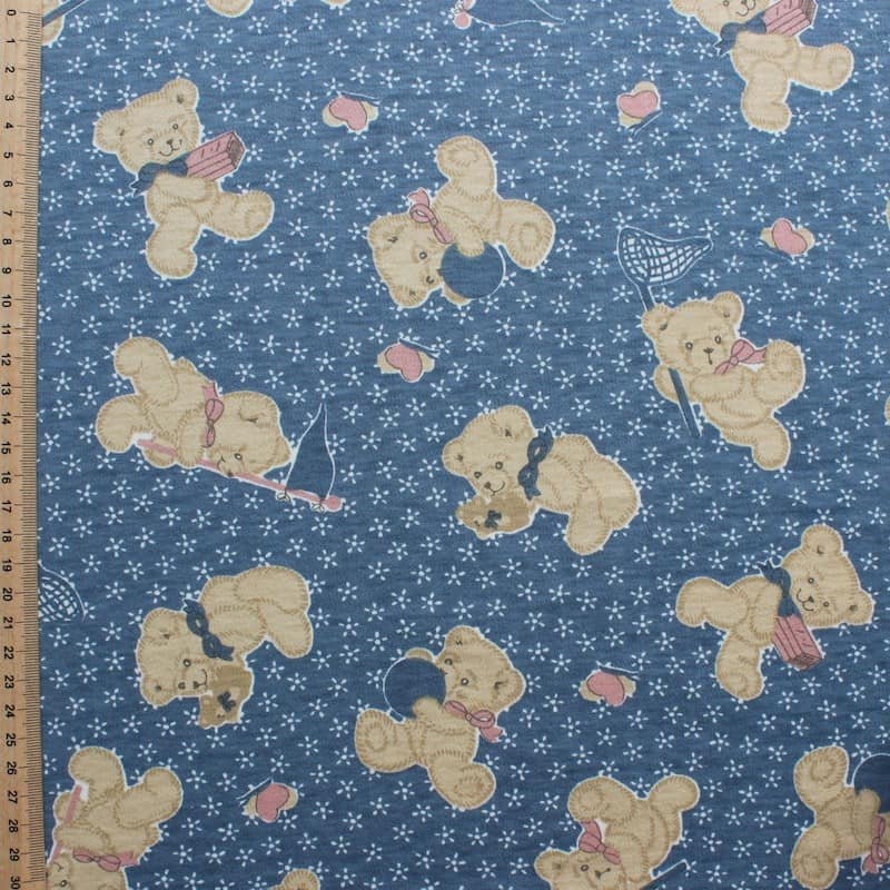 Jersey katoen en polyester stof met beige beren op blauwe achtergond