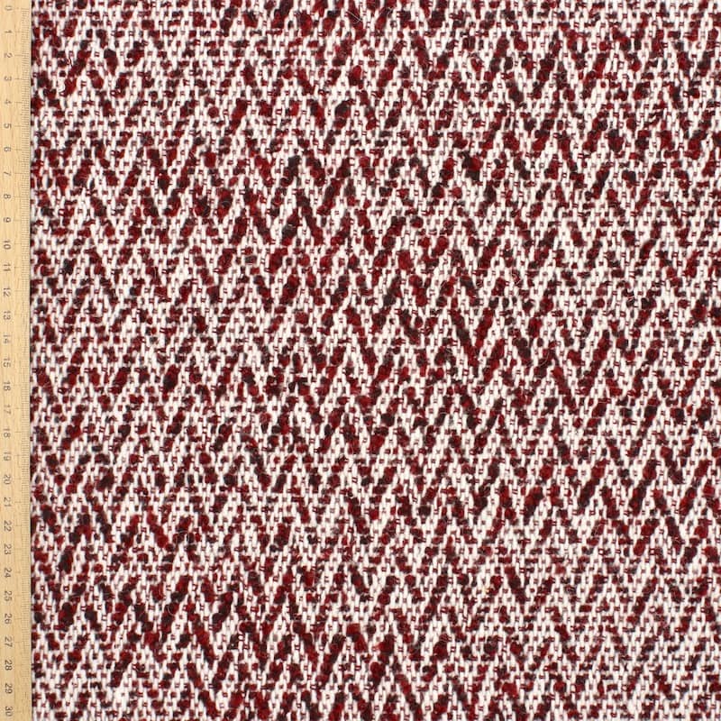 Wool fabric with herringbone pattern - burgondy / white