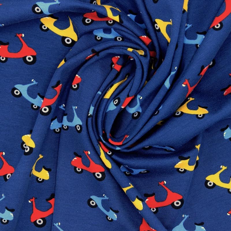 Jersey fabric with scooters - navy blue 