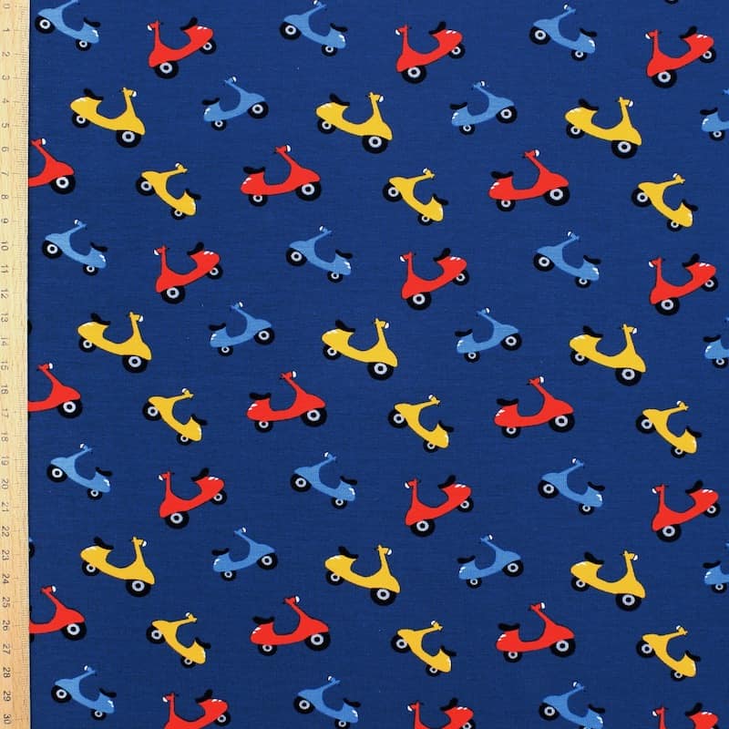 Jersey fabric with scooters - navy blue 