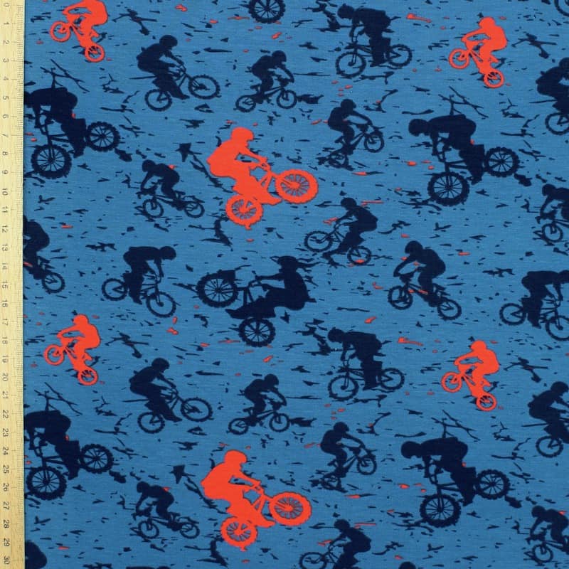 Jersey fabric with mountain bikes - blue