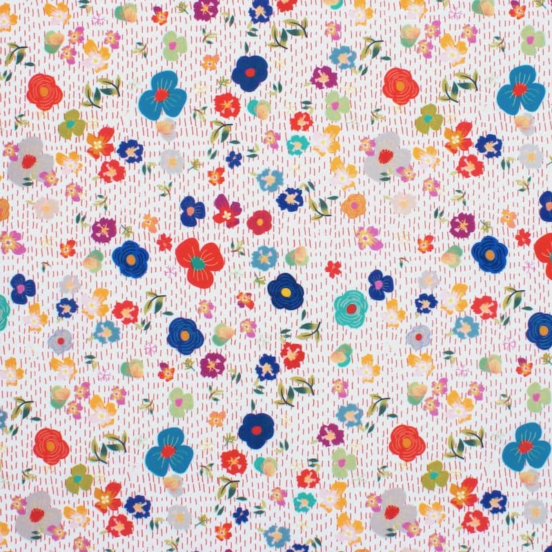 Cotton poplin with flowers - white