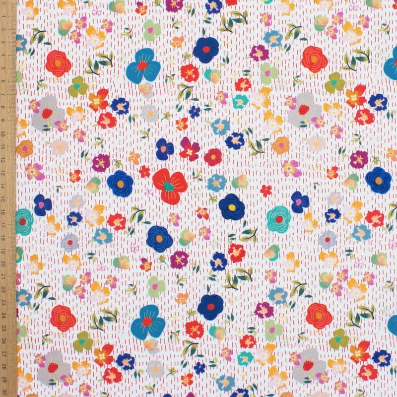 Cotton poplin with flowers - white