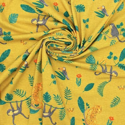 Jersey fabric with animals - mustard yellow