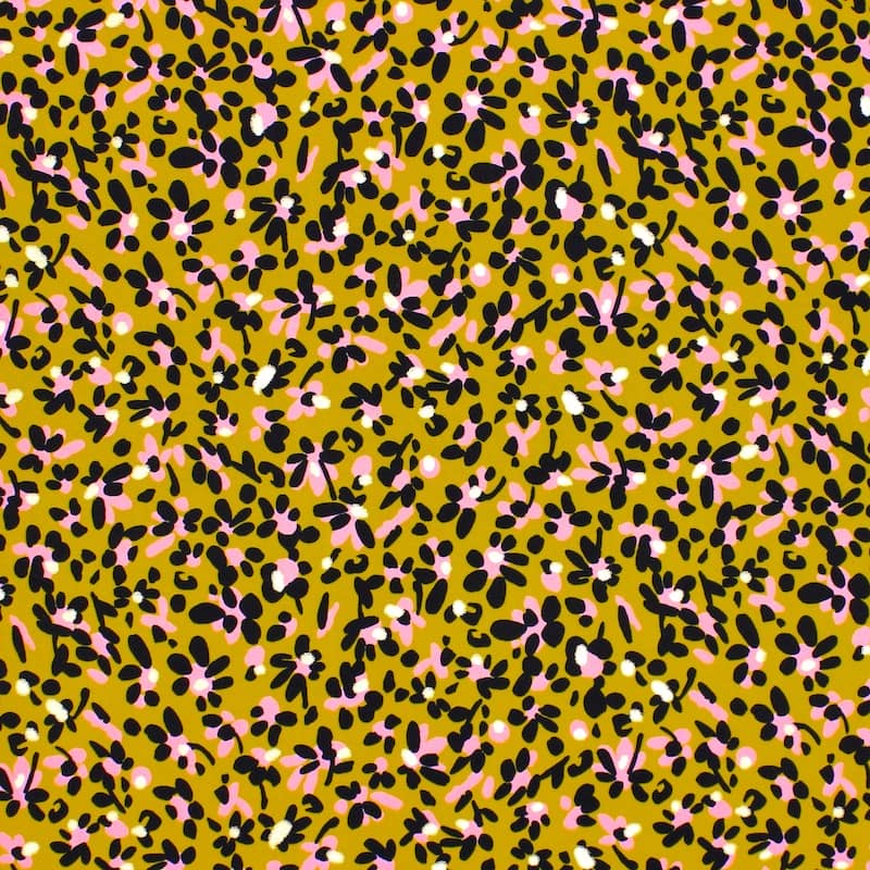 Fabric with flowers and golden print - mustard yellow 