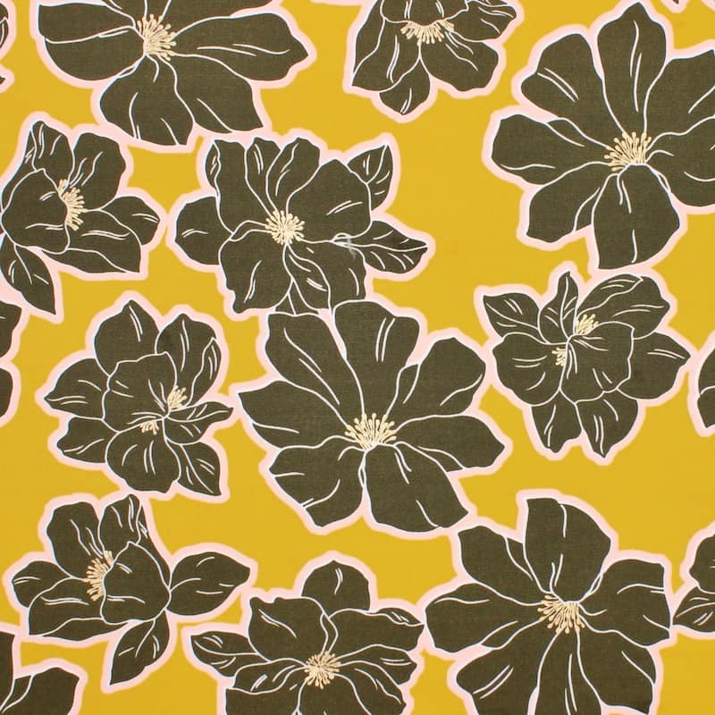 Fabric with flowers and golden print - mustard yellow