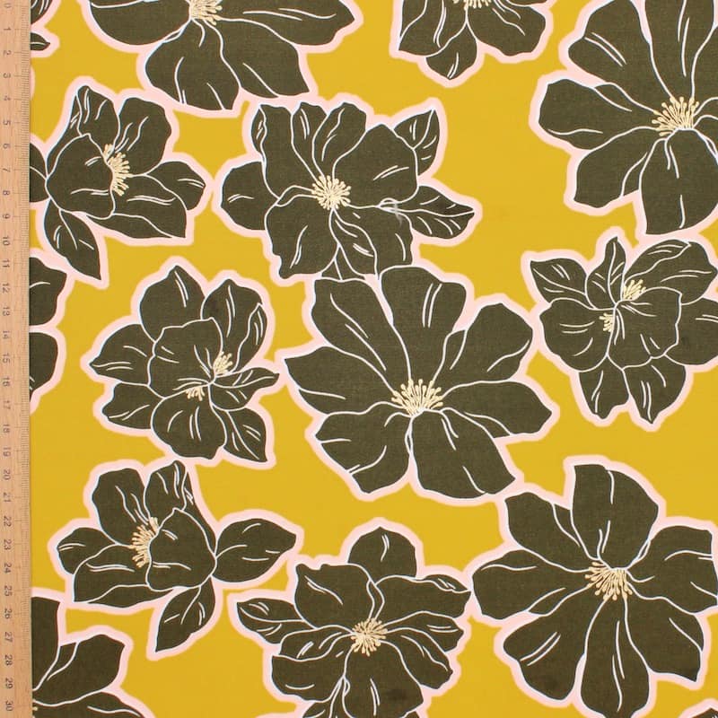 Tissu fleurs impression dorée - moutarde