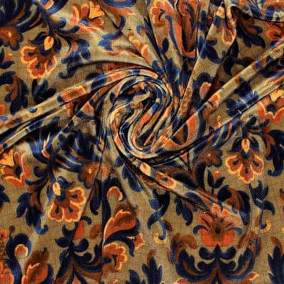 Tissu velours extensible floral - brun