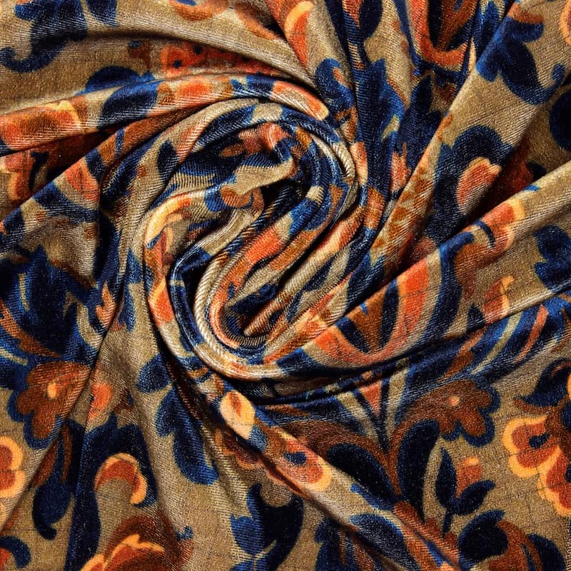 Tissu velours extensible floral - brun