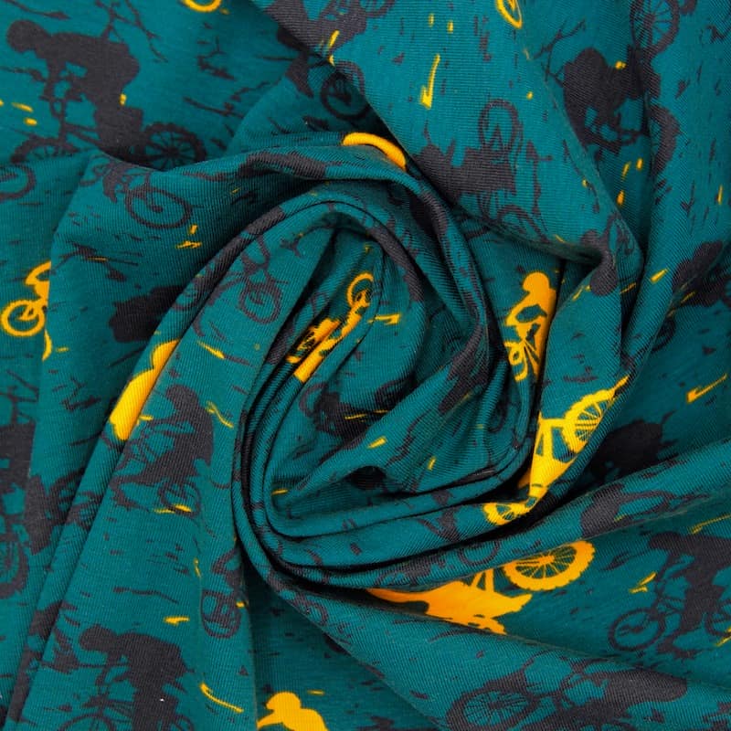 Jersey fabric with mountain bikes - teal 