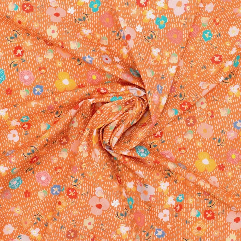 Cotton poplin with flowers - orange