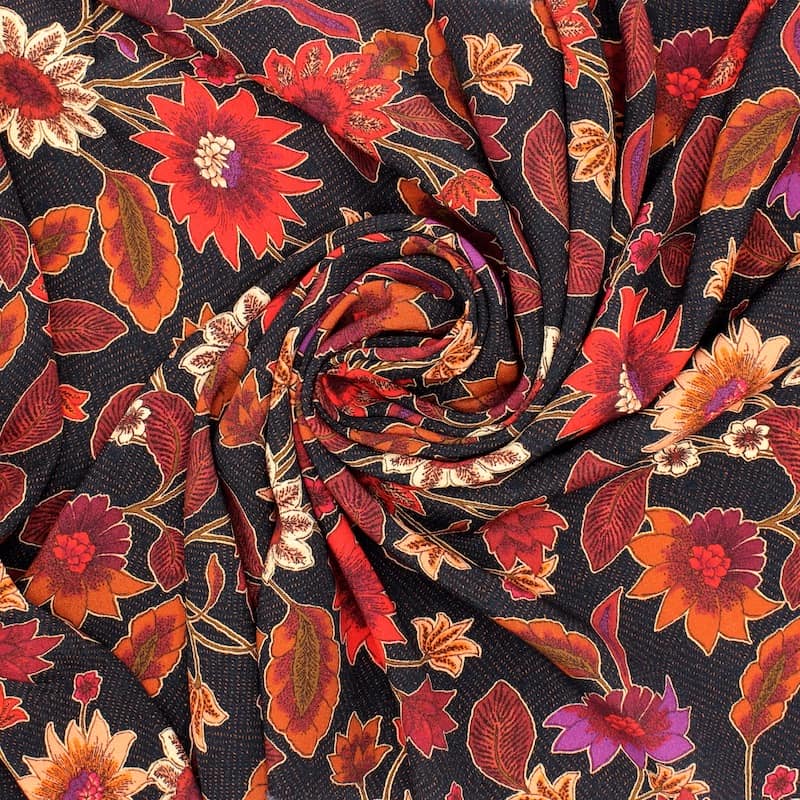Crêpe fabric with flowers - black 