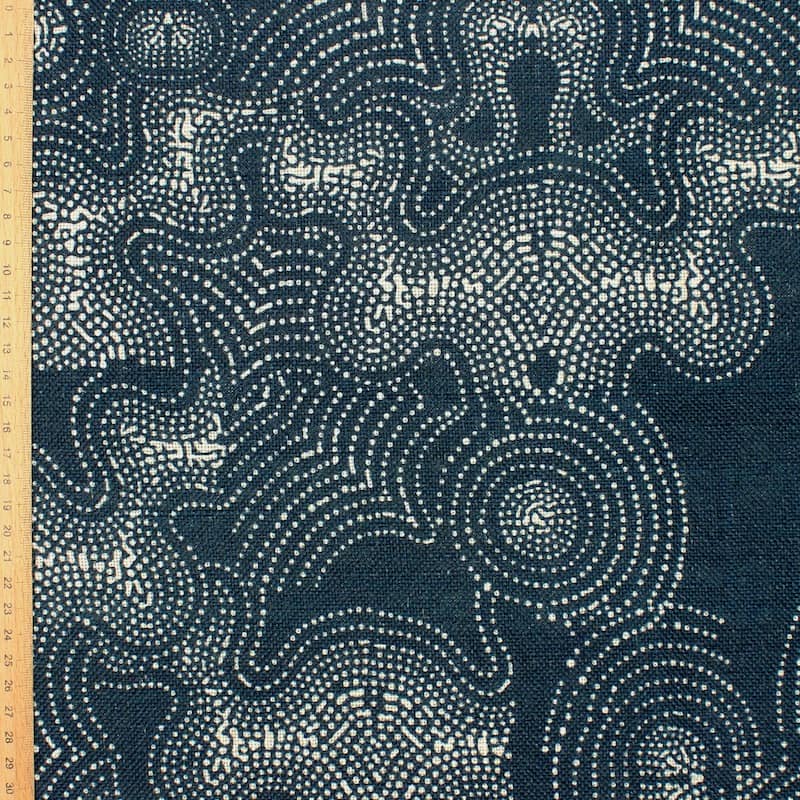 Stof in viscose en linnen met grafische print - marineblauw