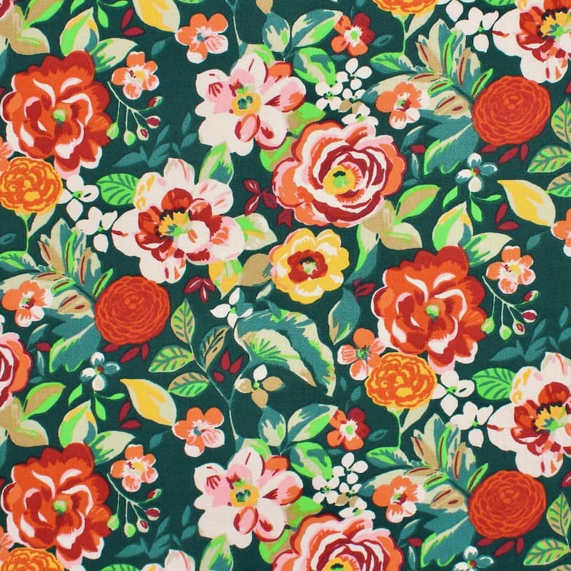 Tissu coton fleurs - vert et rouge