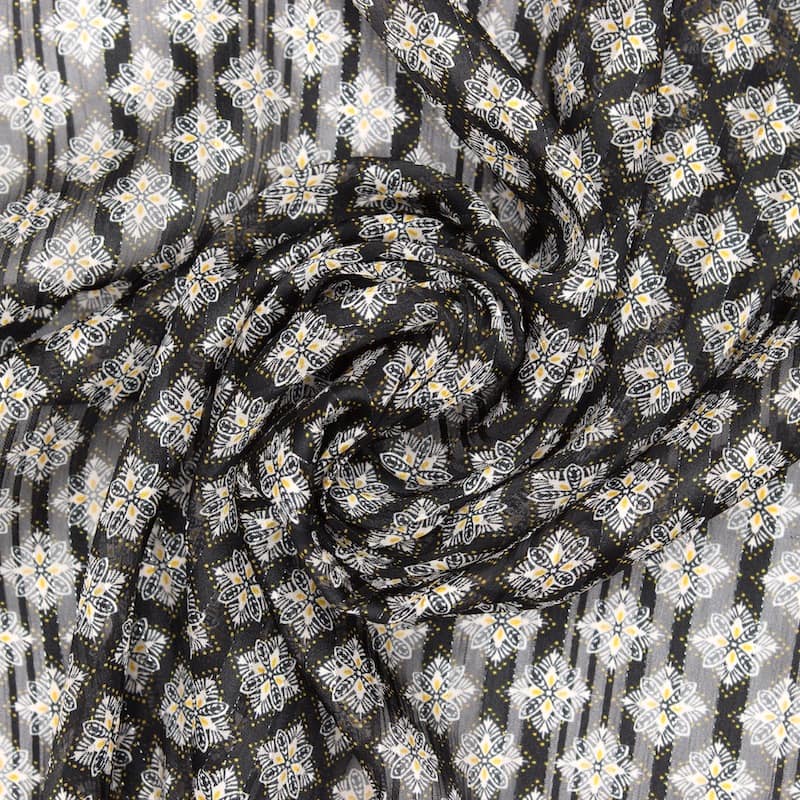 Tissu voile motifs et fil argenté - noir