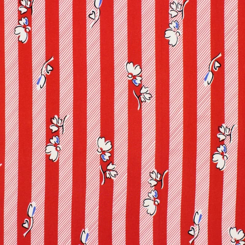 Extensible fabric with stripes and flowers - red 