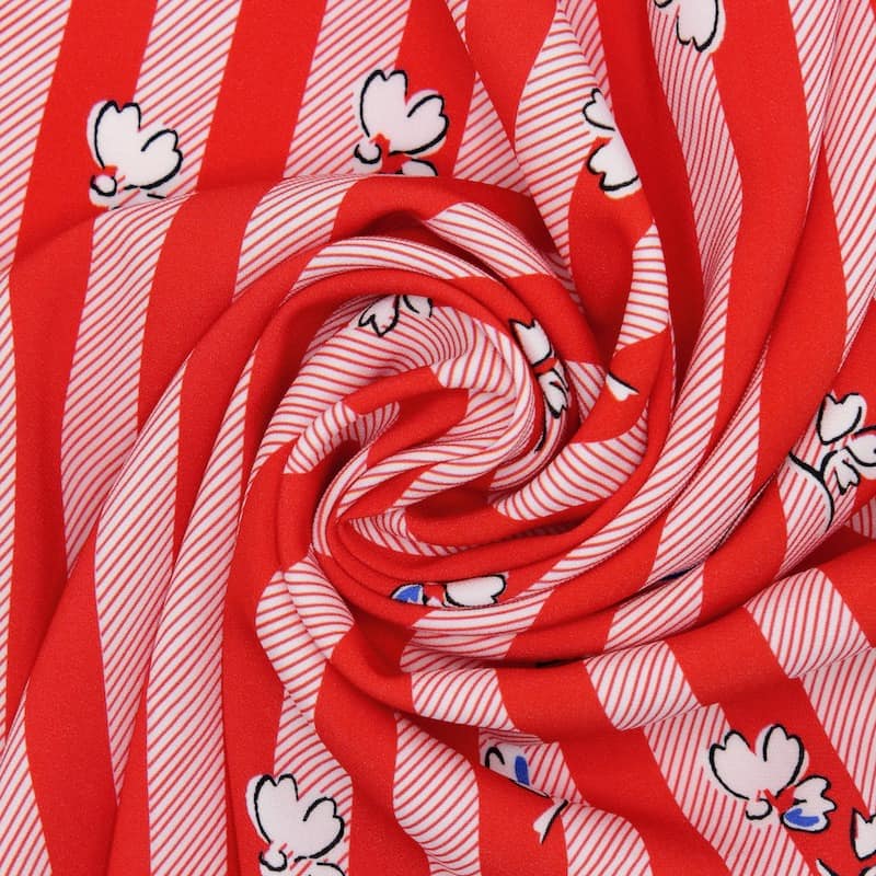 Rekbare stof met strepen en bloemen - rood