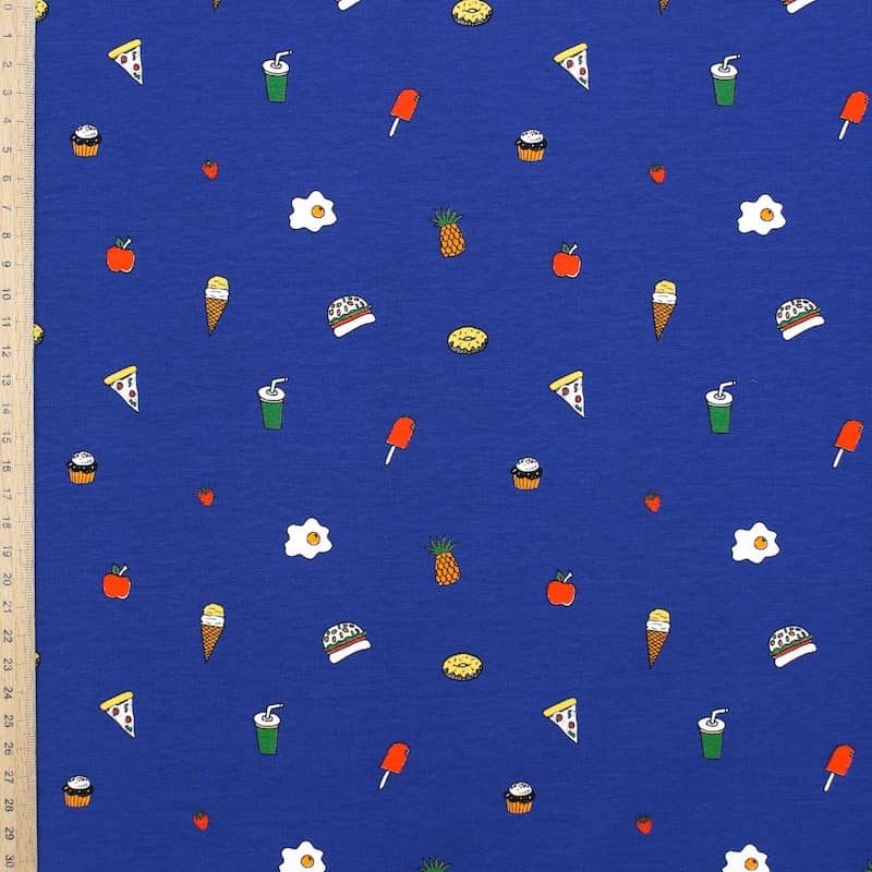 Cotton jersey fabric with food - blue