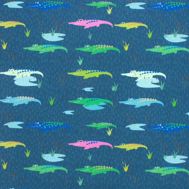 Katoen popeline met krokodillen - blauw 