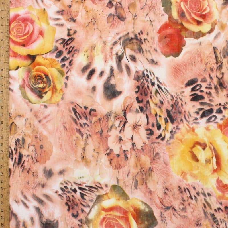 Tissu voile plissé floral - saumon