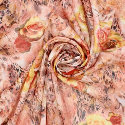 Tissu voile plissé floral - saumon