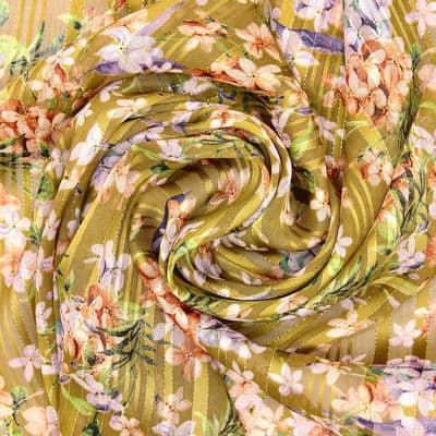 Tissu voile fleurs rayure satin fil doré - kaki